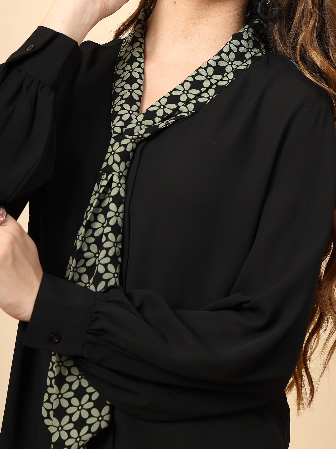 Black Polyester Top with Front Polyester Shine Button and Collar Print Tie
