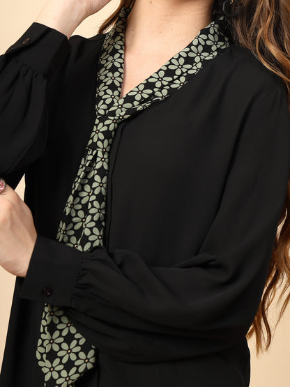 Black Polyester Top with Front Polyester Shine Button and Collar Print Tie