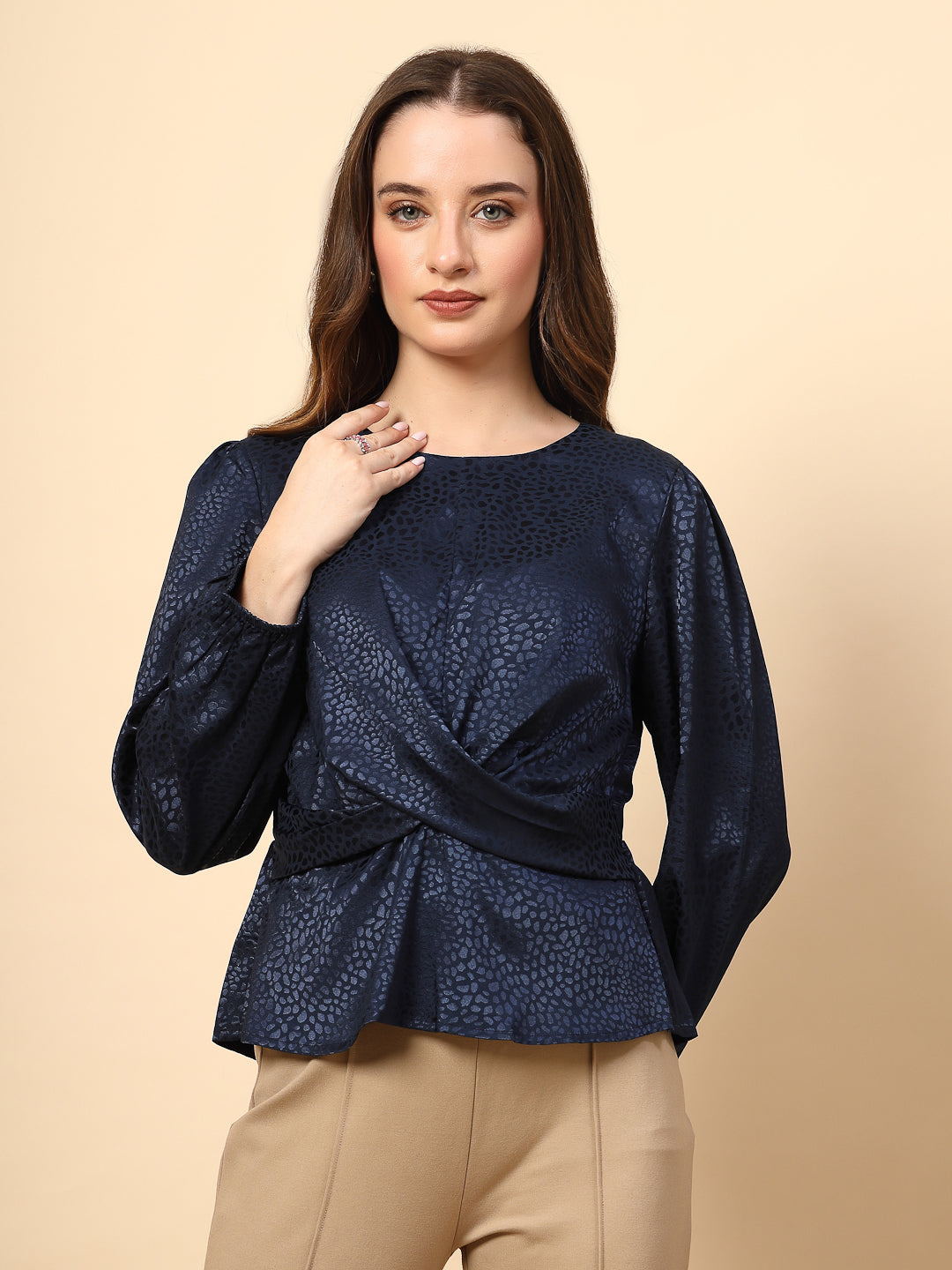 Navy Top with Front Fabric Knotting