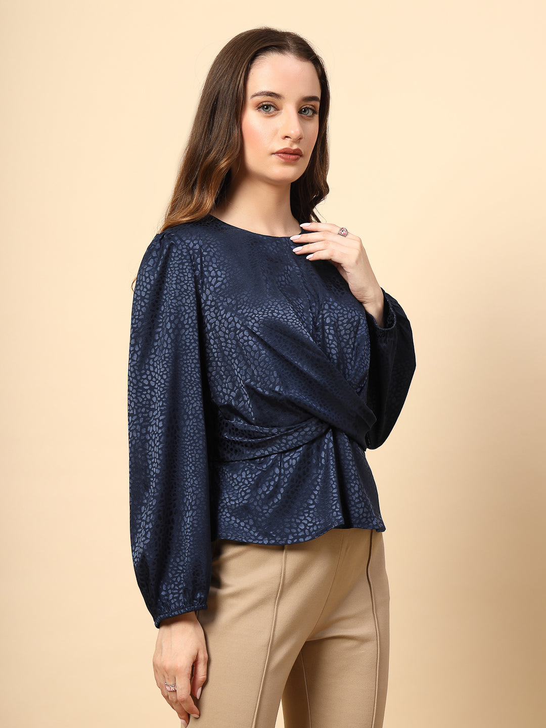 Navy Top with Front Fabric Knotting