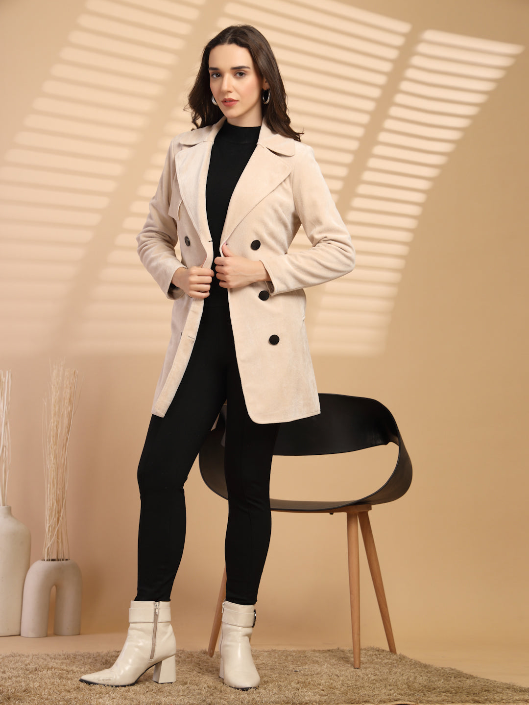 Beige Solid Lapel Collar Coat