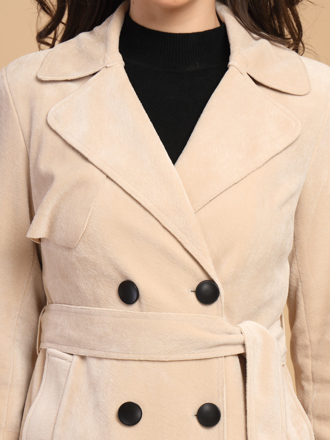 Beige Solid Lapel Collar Coat