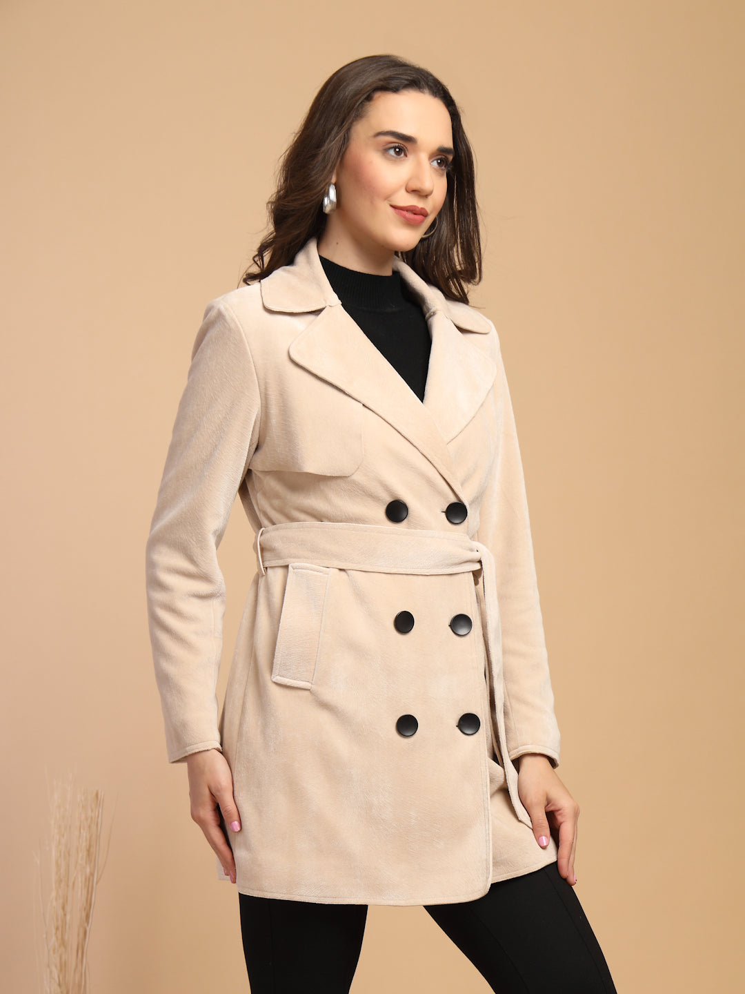 Beige Solid Lapel Collar Coat