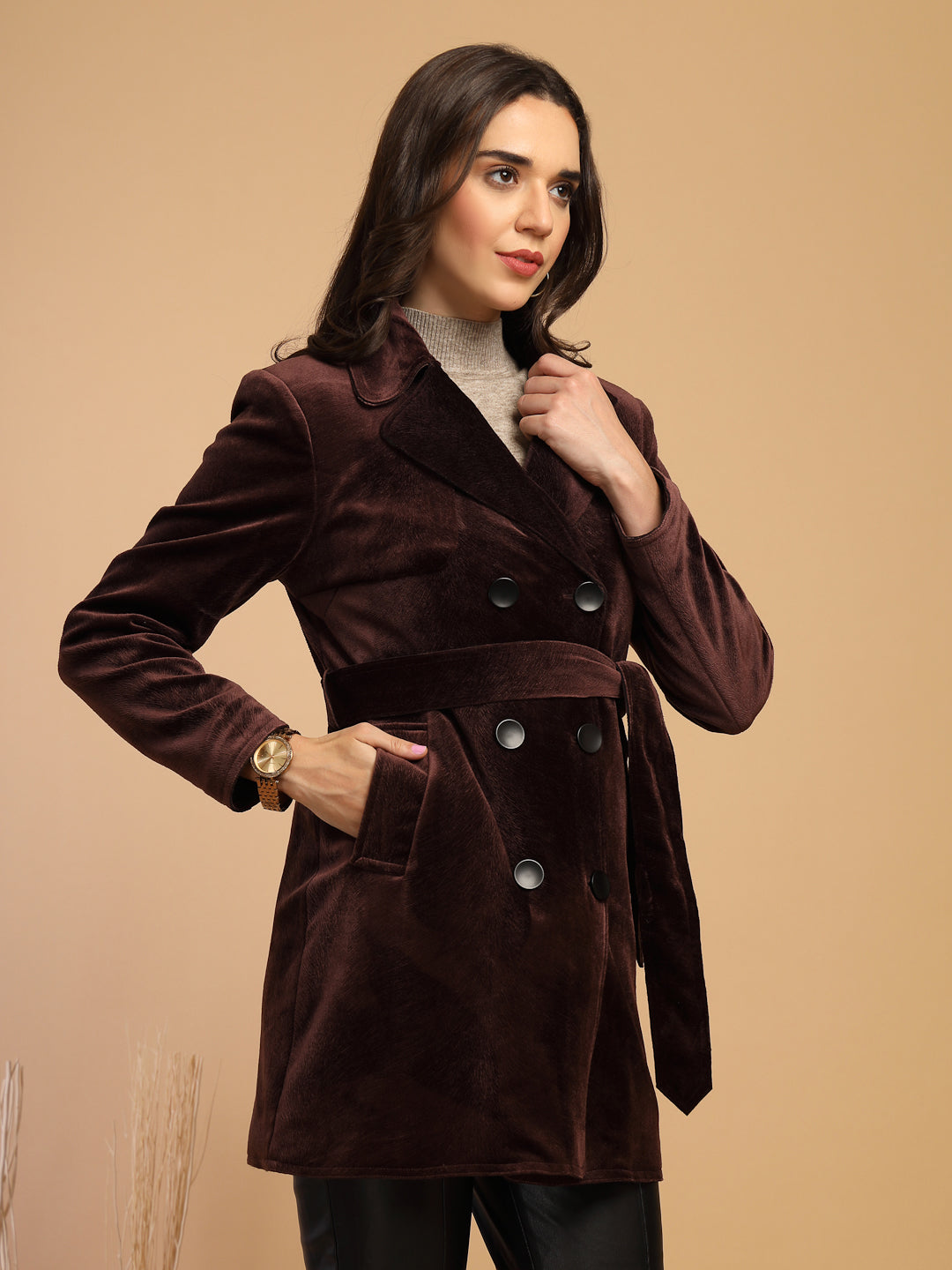 Wine Solid Lapel Collar Coat