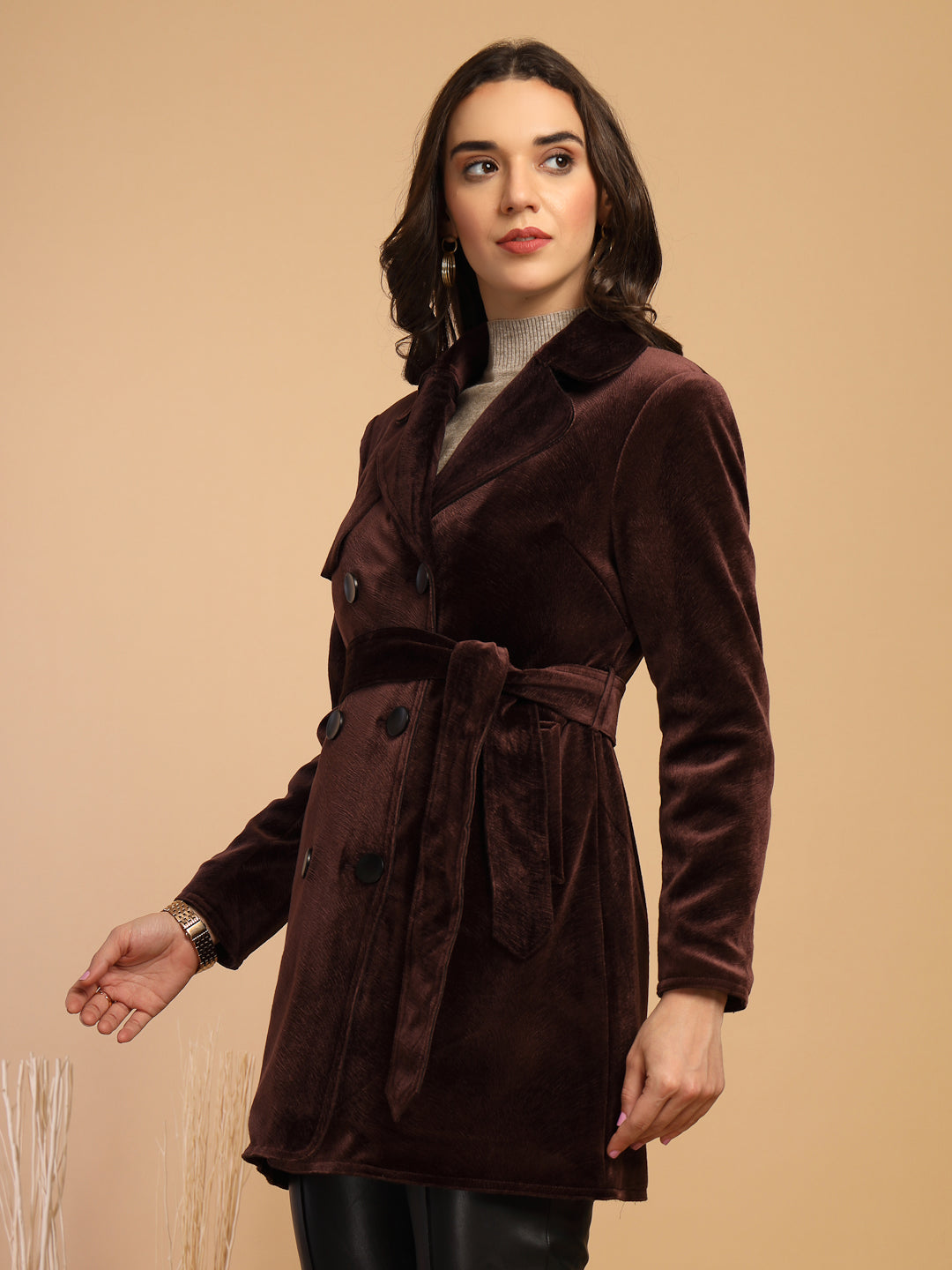 Wine Solid Lapel Collar Coat