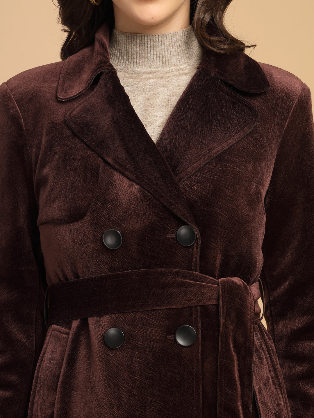 Wine Solid Lapel Collar Coat