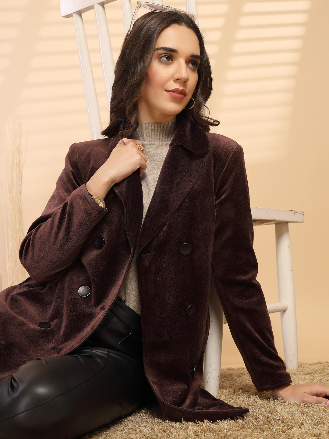 Wine Solid Lapel Collar Coat