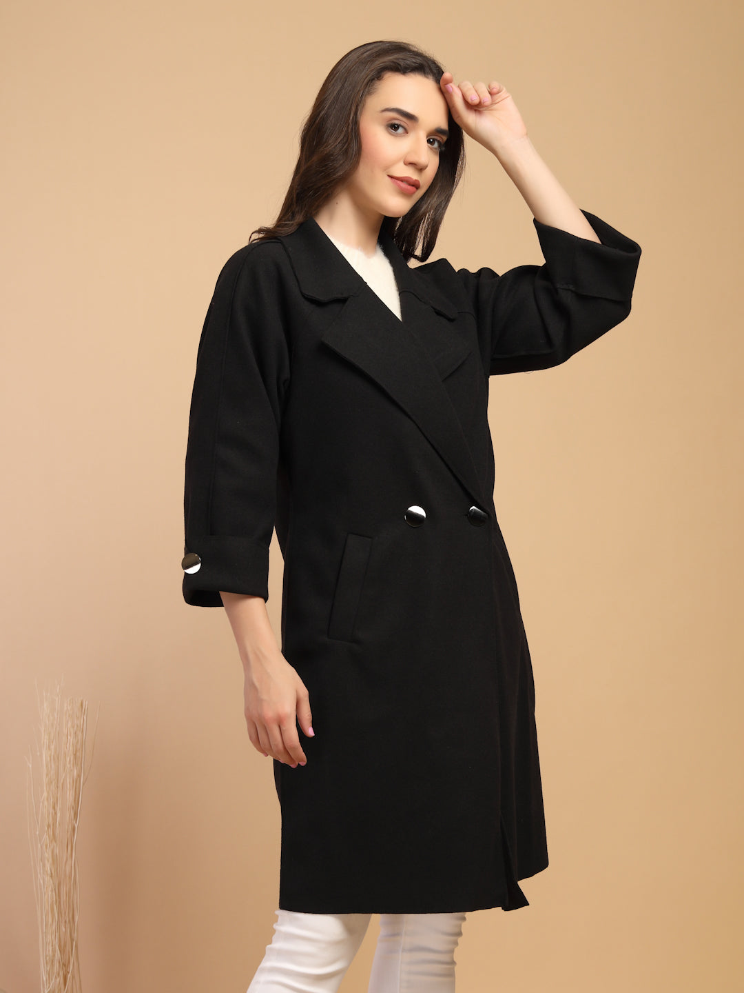 Black Solid Lapel Collar Coat