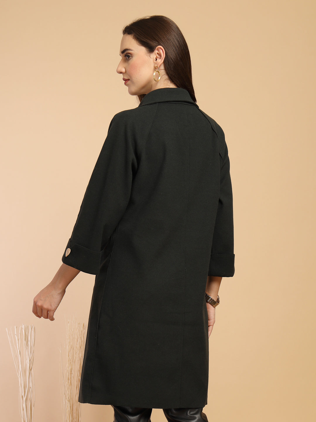 Black Solid Lapel Collar Coat