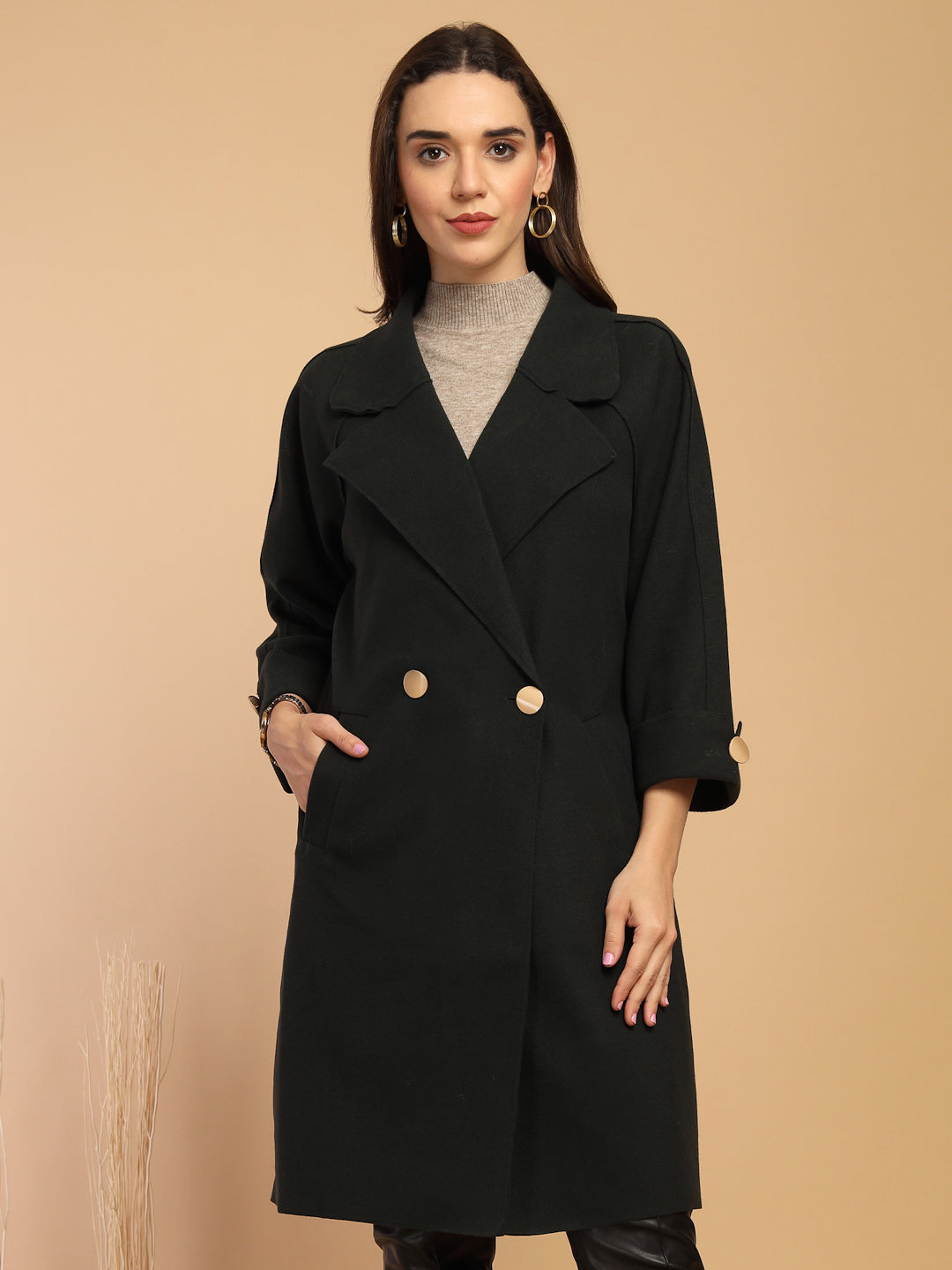 Bottle Green Solid Lapel Collar Coat