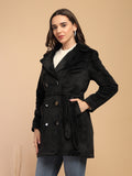 Black Solid Lapel Collar Coat With Belt