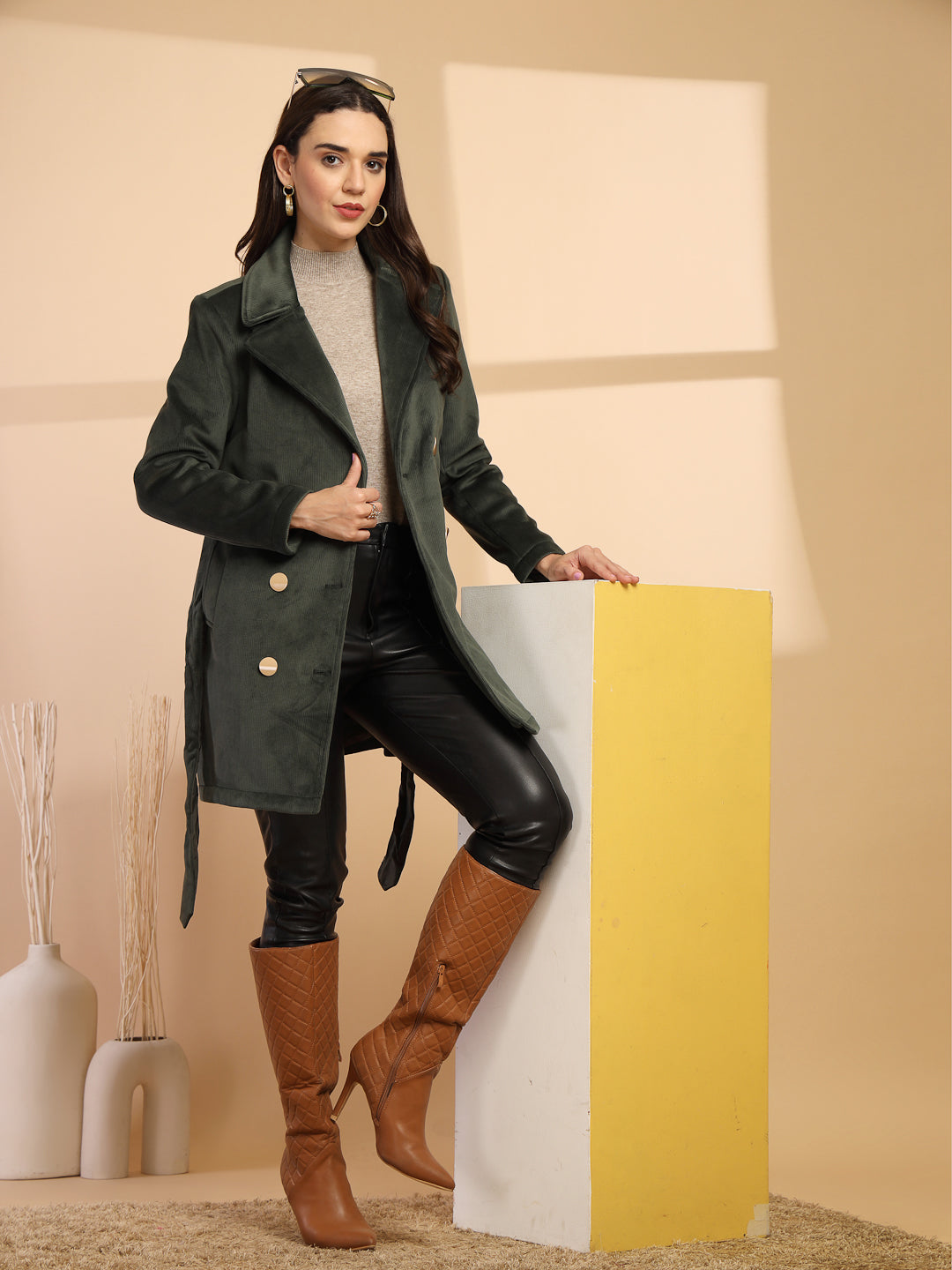 Olive Solid Lapel Collar Coat