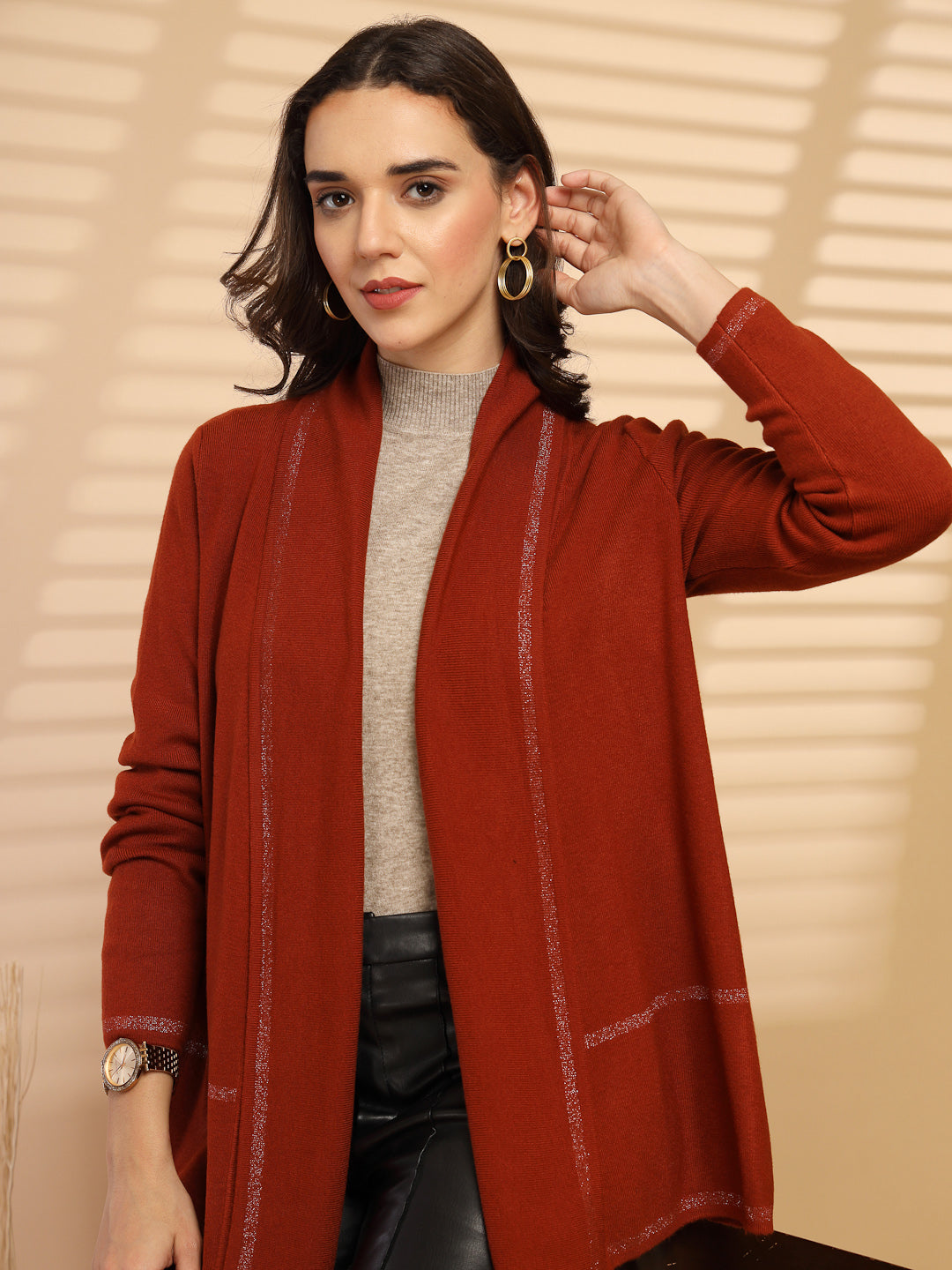 Rust Solid Open Cape with Lapel Collar
