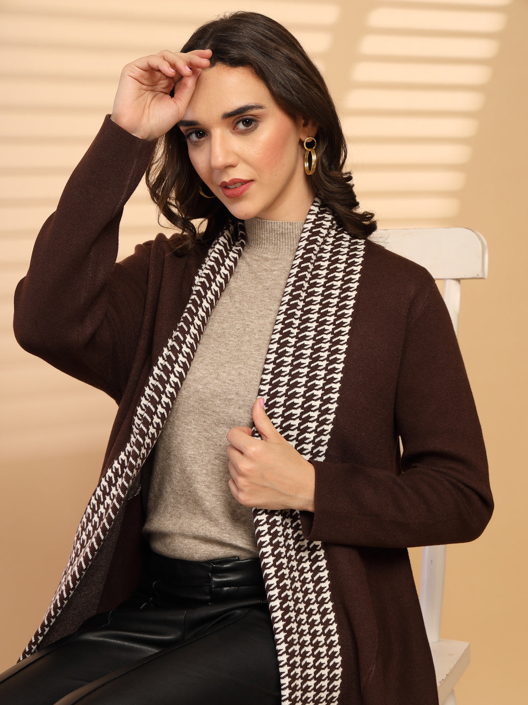 Coffee Solid Open Cape with Lapel Collar
