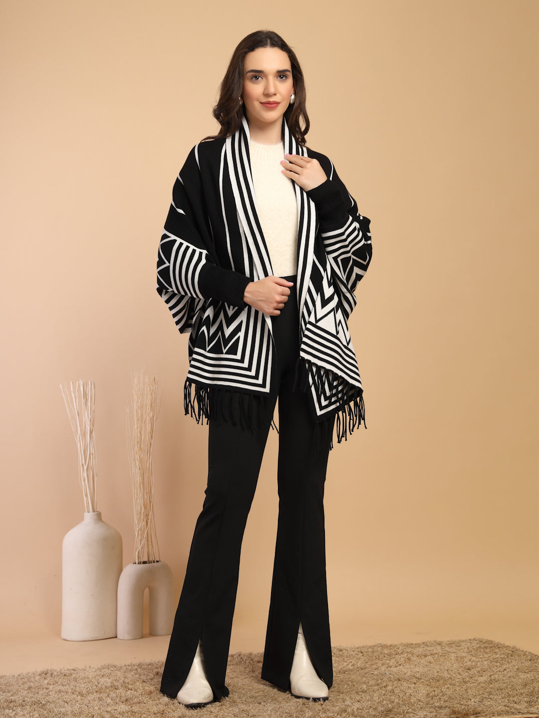 Black & White Open Cape with Lapel Collar