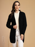 Black Solid Lapel Collar Long Cardigan