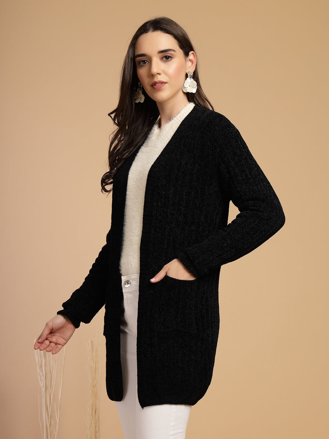Black Solid Lapel Collar Long Cardigan