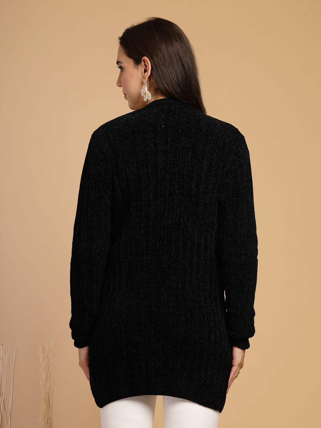 Black Solid Lapel Collar Long Cardigan