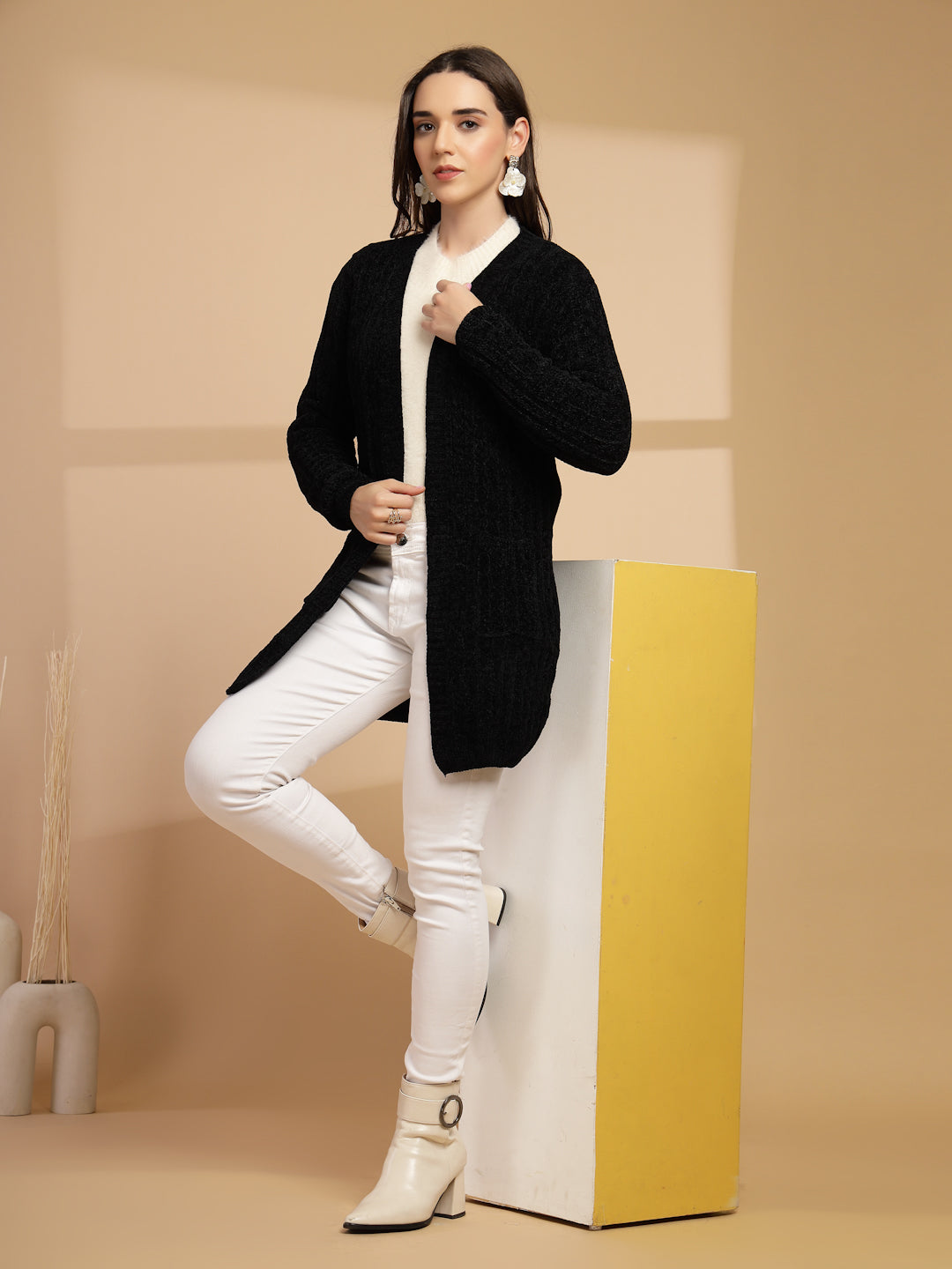 Black Solid Lapel Collar Long Cardigan