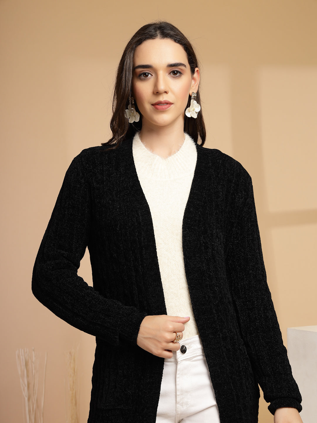 Black Solid Lapel Collar Long Cardigan