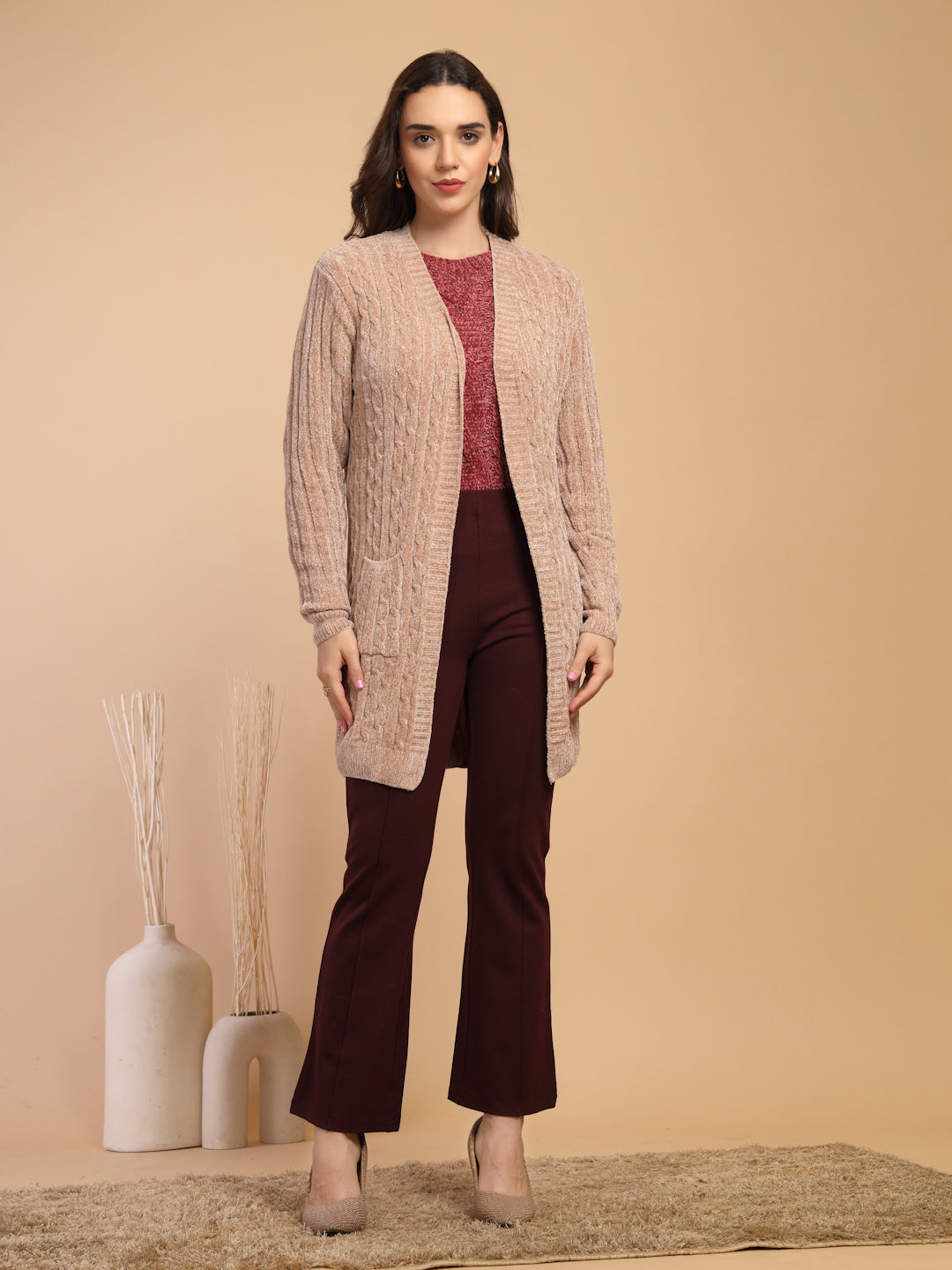 Khaki Solid Lapel Collar Long Cardigan