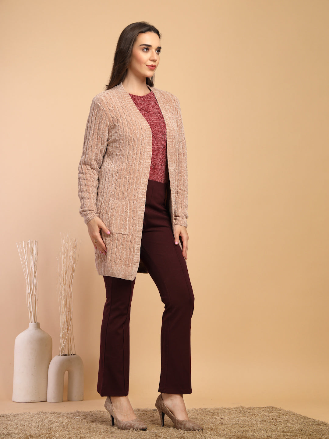 Khaki Solid Lapel Collar Long Cardigan