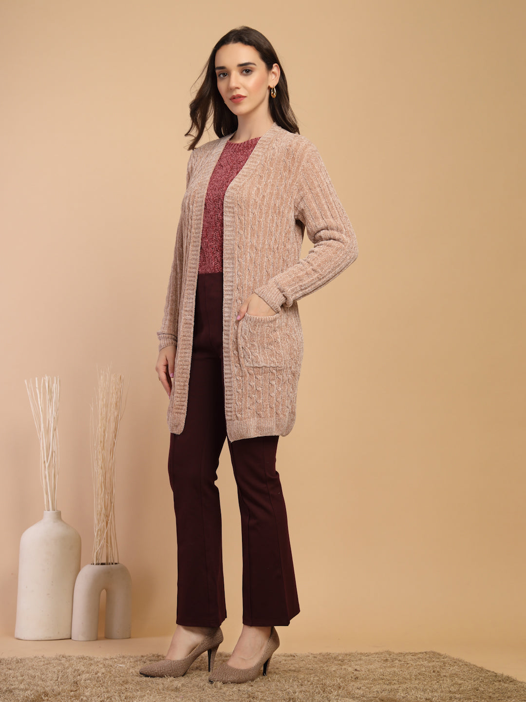 Khaki Solid Lapel Collar Long Cardigan