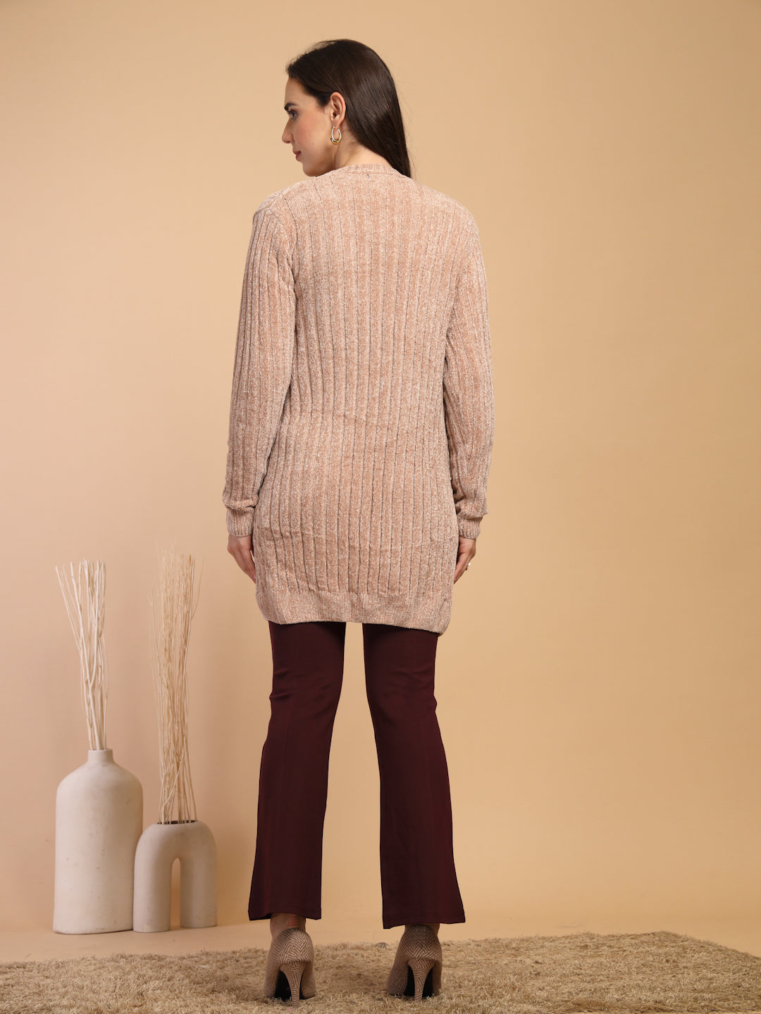 Khaki Solid Lapel Collar Long Cardigan