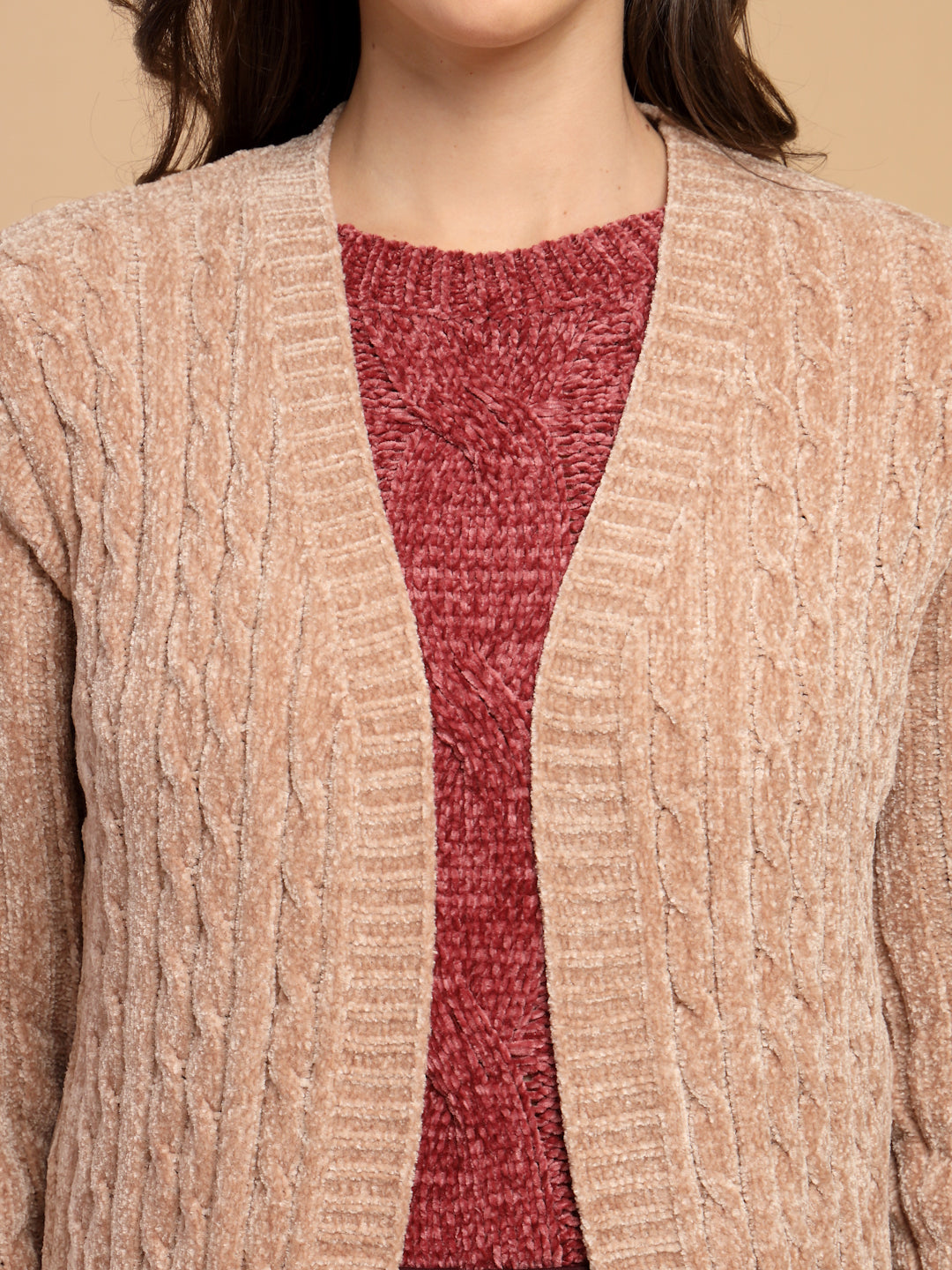 Khaki Solid Lapel Collar Long Cardigan