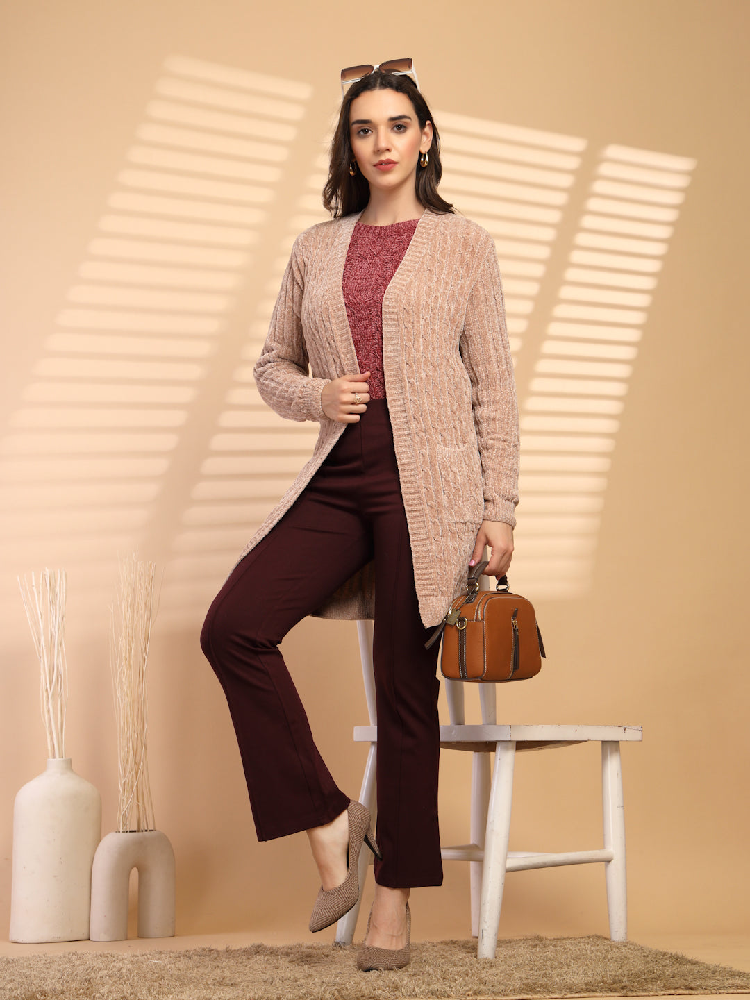 Khaki Solid Lapel Collar Long Cardigan