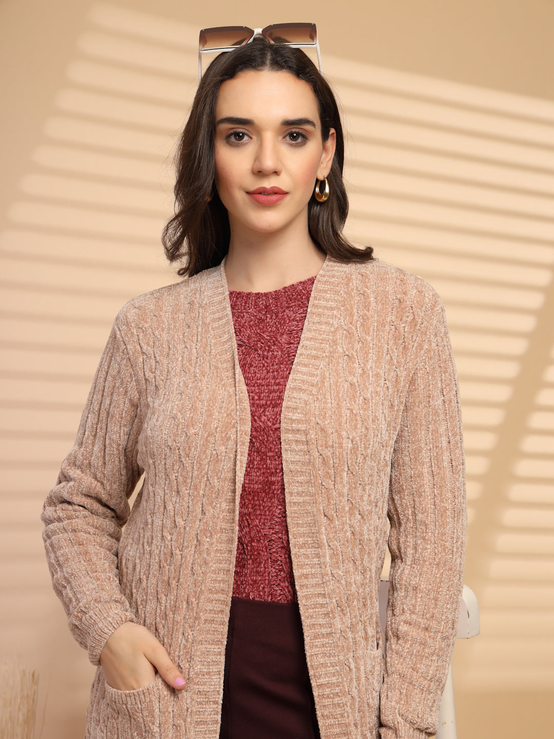 Khaki Solid Lapel Collar Long Cardigan