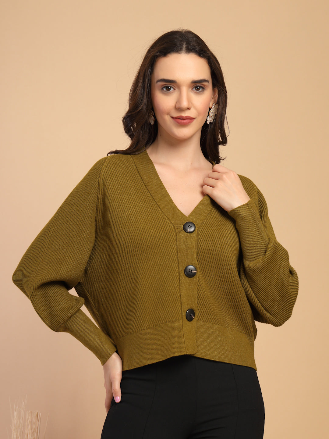 Mustard Solid V-Neck Short Cardigan