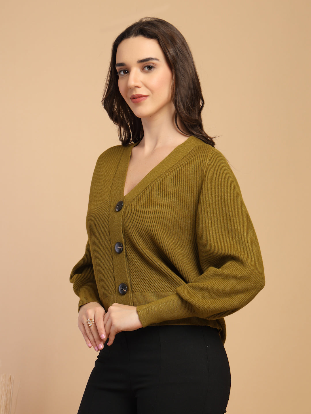 Mustard Solid V-Neck Short Cardigan
