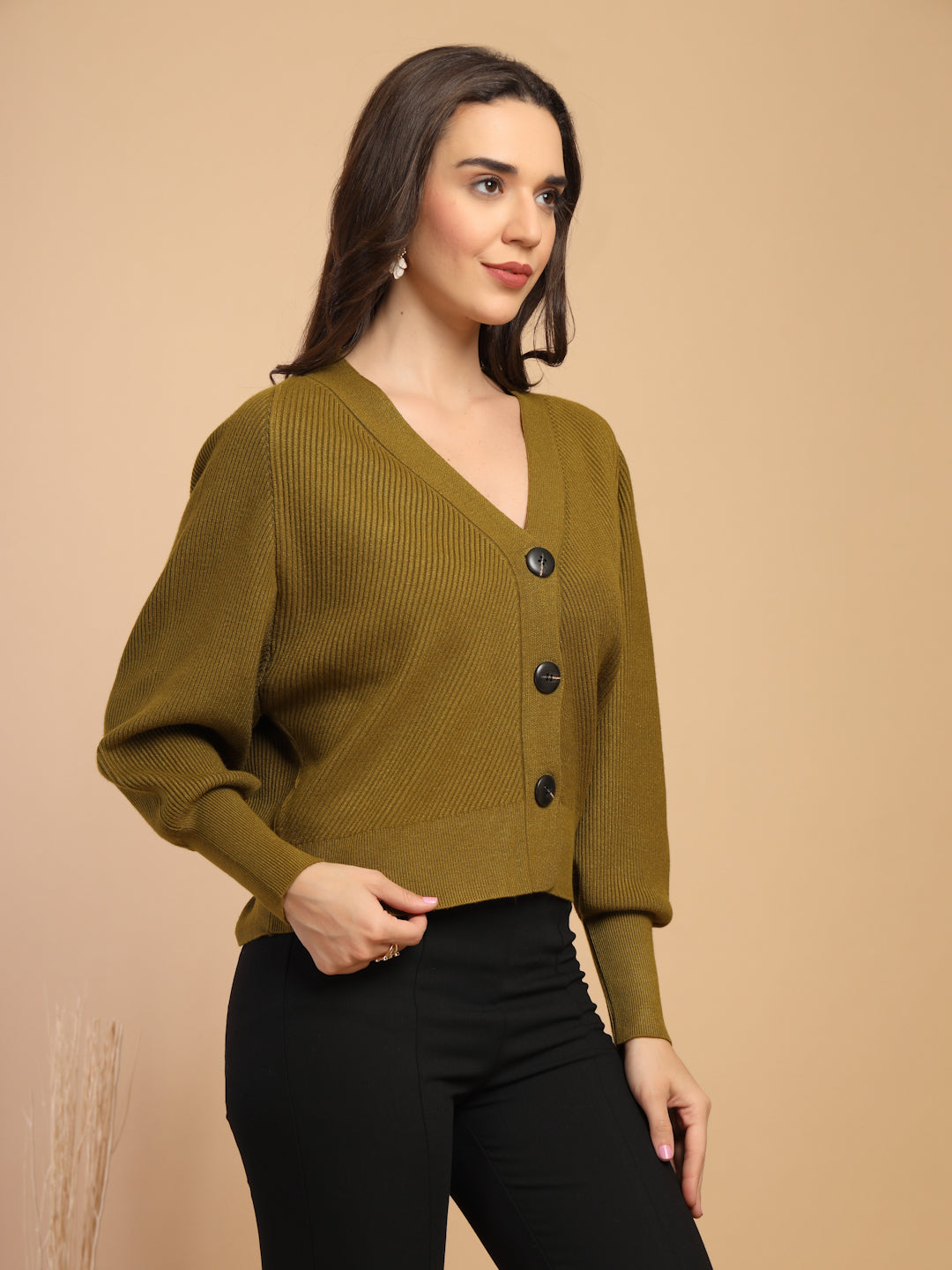 Mustard Solid V-Neck Short Cardigan