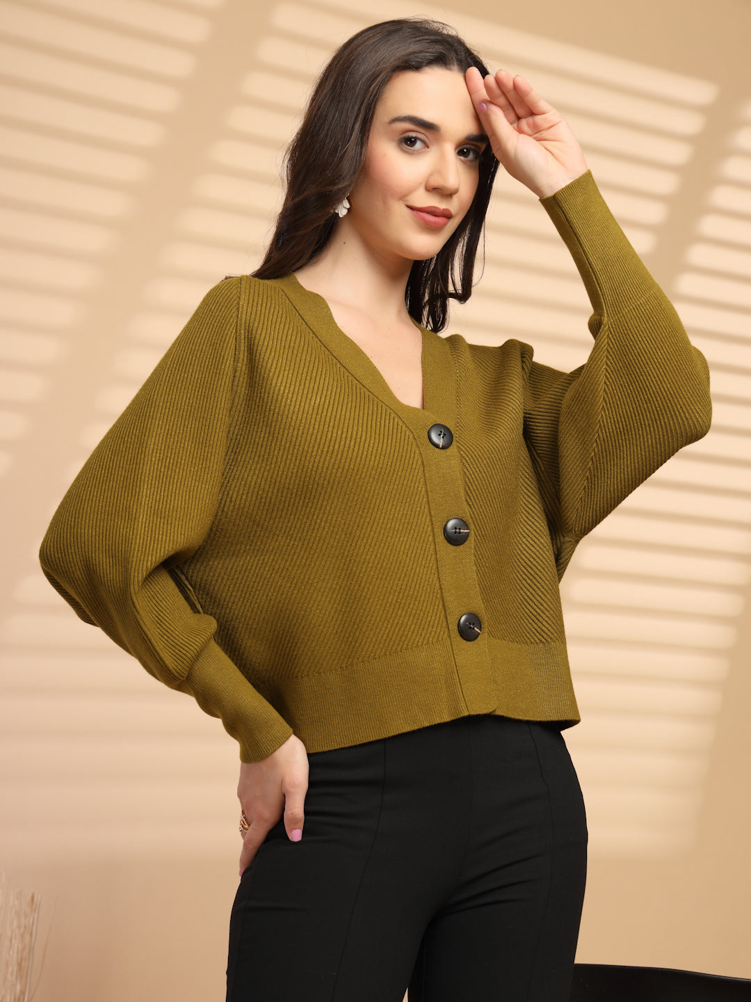 Mustard Solid V-Neck Short Cardigan