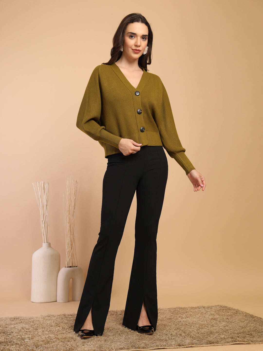 Mustard Solid V-Neck Short Cardigan