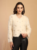 Beige Solid V-Neck Short Cardigan
