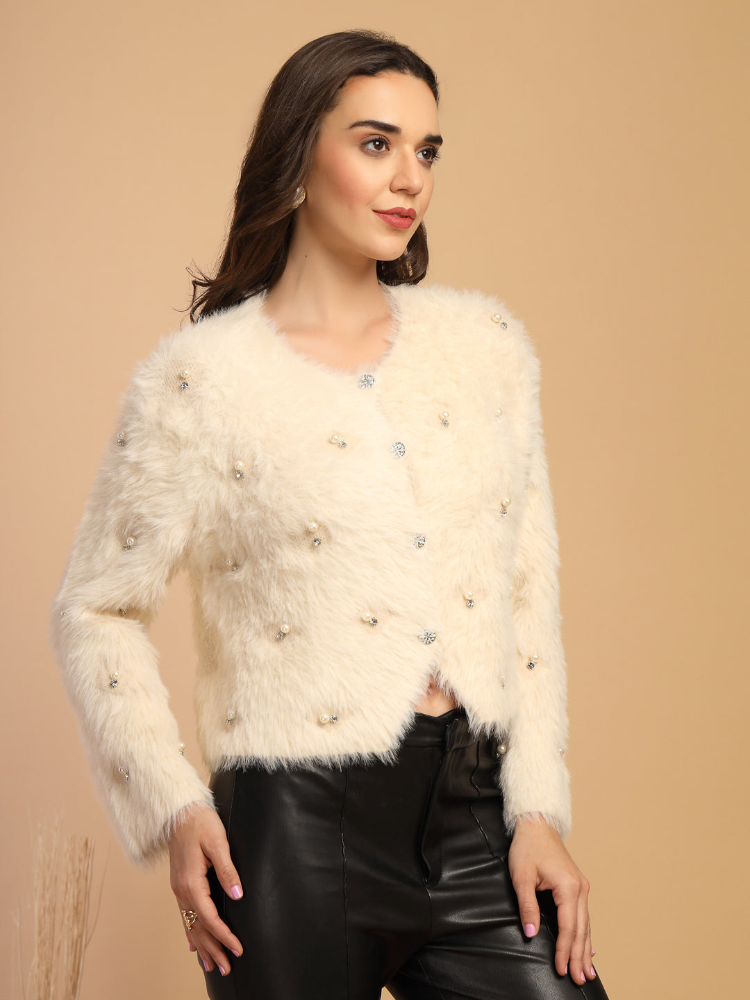 Beige Solid V-Neck Short Cardigan