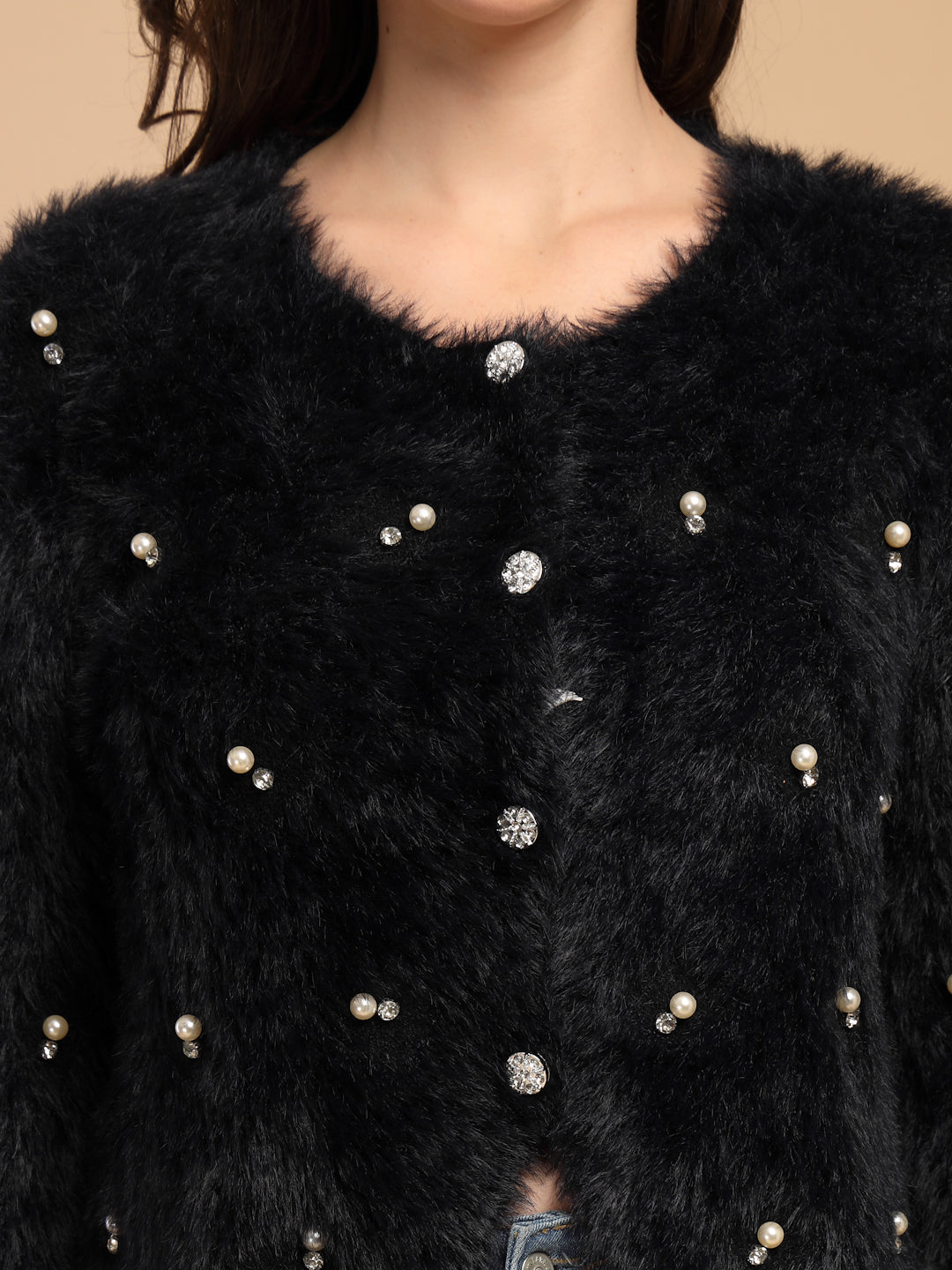 Black Solid V-Neck Short Cardigan