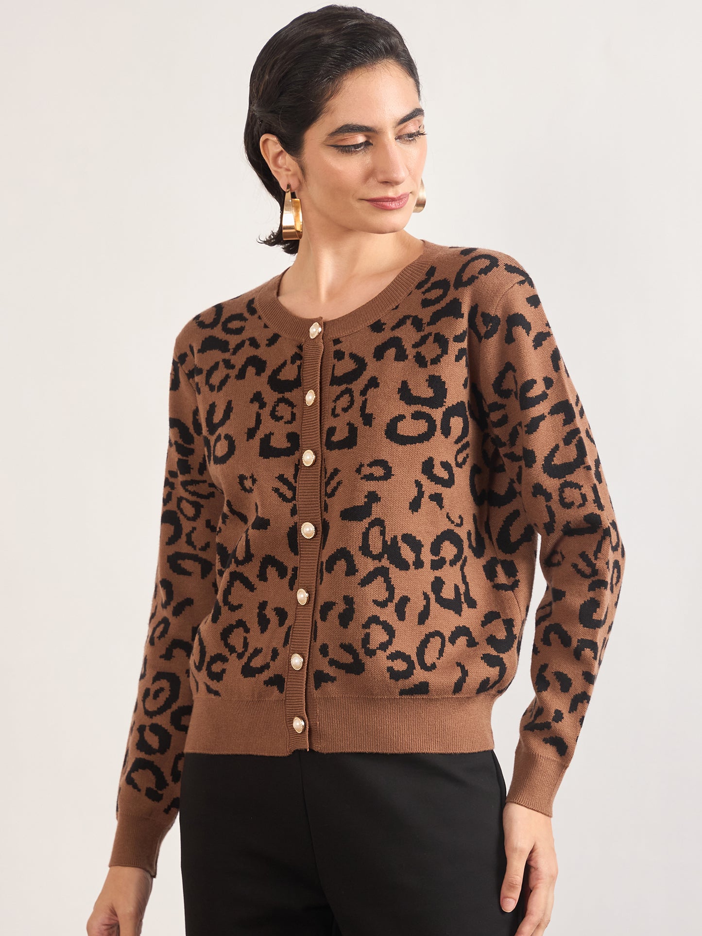 Khaki Cotton Knitted Animal Printed Sweater