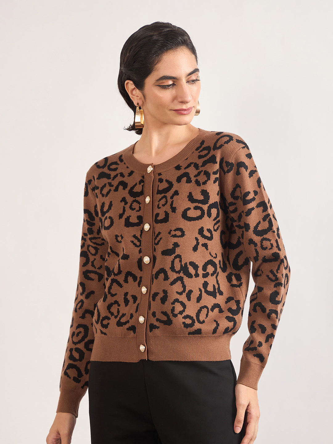 Khaki Cotton Knitted Animal Printed Sweater