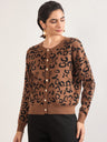 Khaki Cotton Knitted Animal Printed Sweater