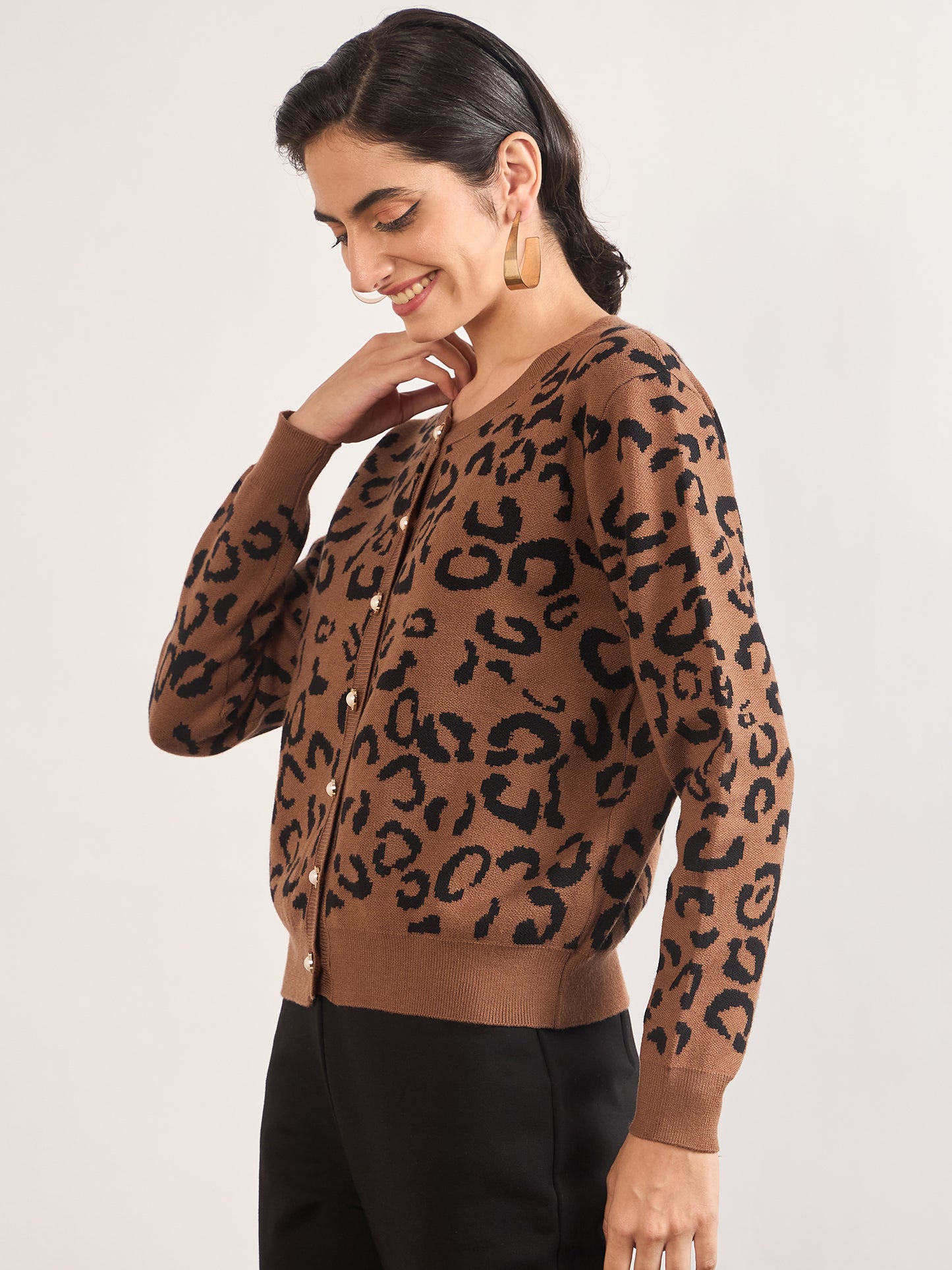 Khaki Cotton Knitted Animal Printed Sweater