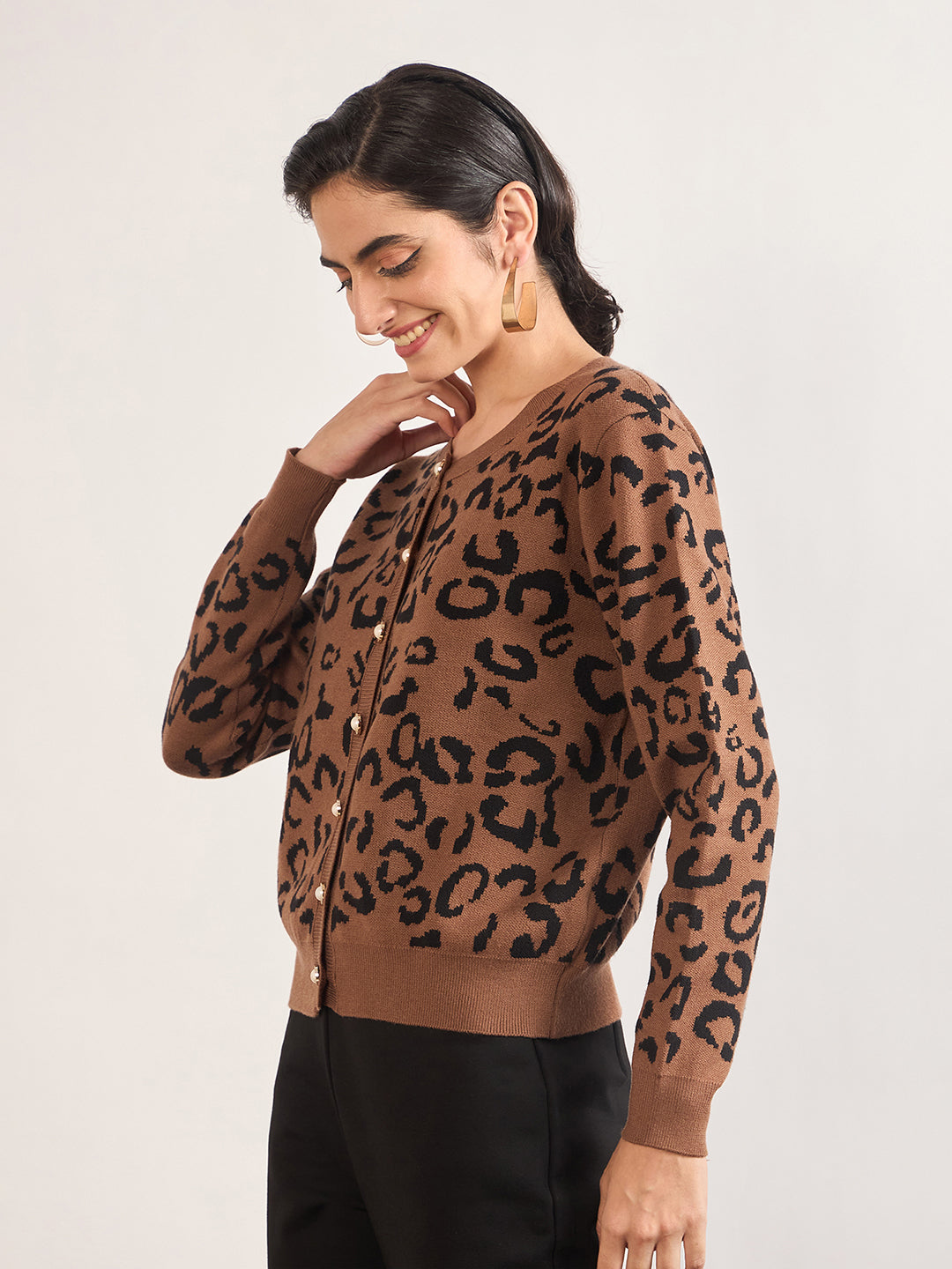 Khaki Cotton Knitted Animal Printed Sweater