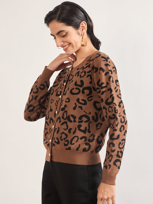 Khaki Cotton Knitted Animal Printed Sweater