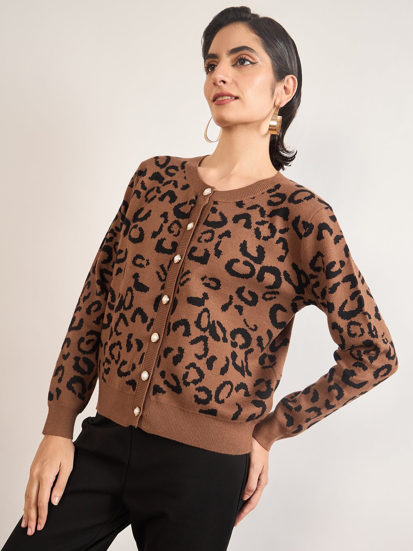 Khaki Cotton Knitted Animal Printed Sweater