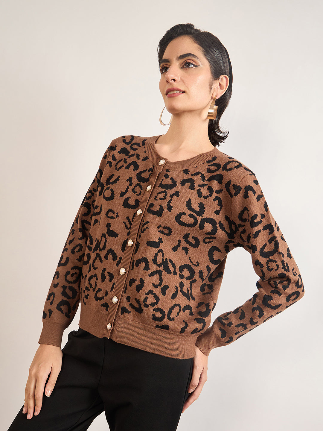 Khaki Cotton Knitted Animal Printed Sweater
