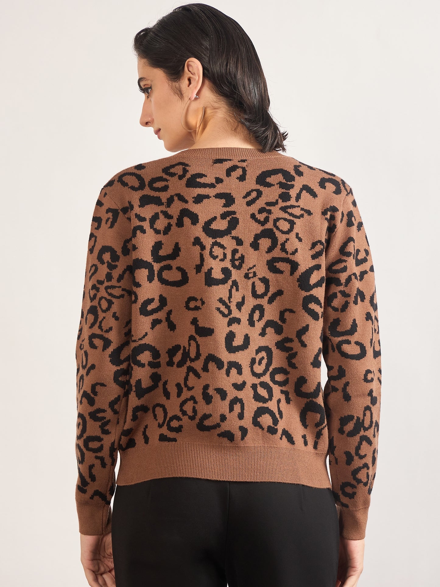 Khaki Cotton Knitted Animal Printed Sweater