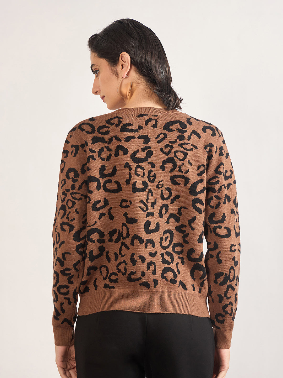 Khaki Cotton Knitted Animal Printed Sweater