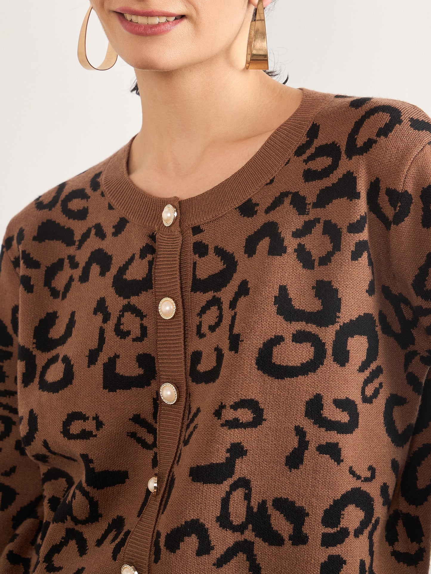 Khaki Cotton Knitted Animal Printed Sweater